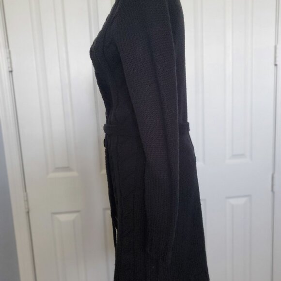 New York & Co - Cable Long Sleeve Tie Waist Cardigan Seater Coat Black - Picture 4 of 7